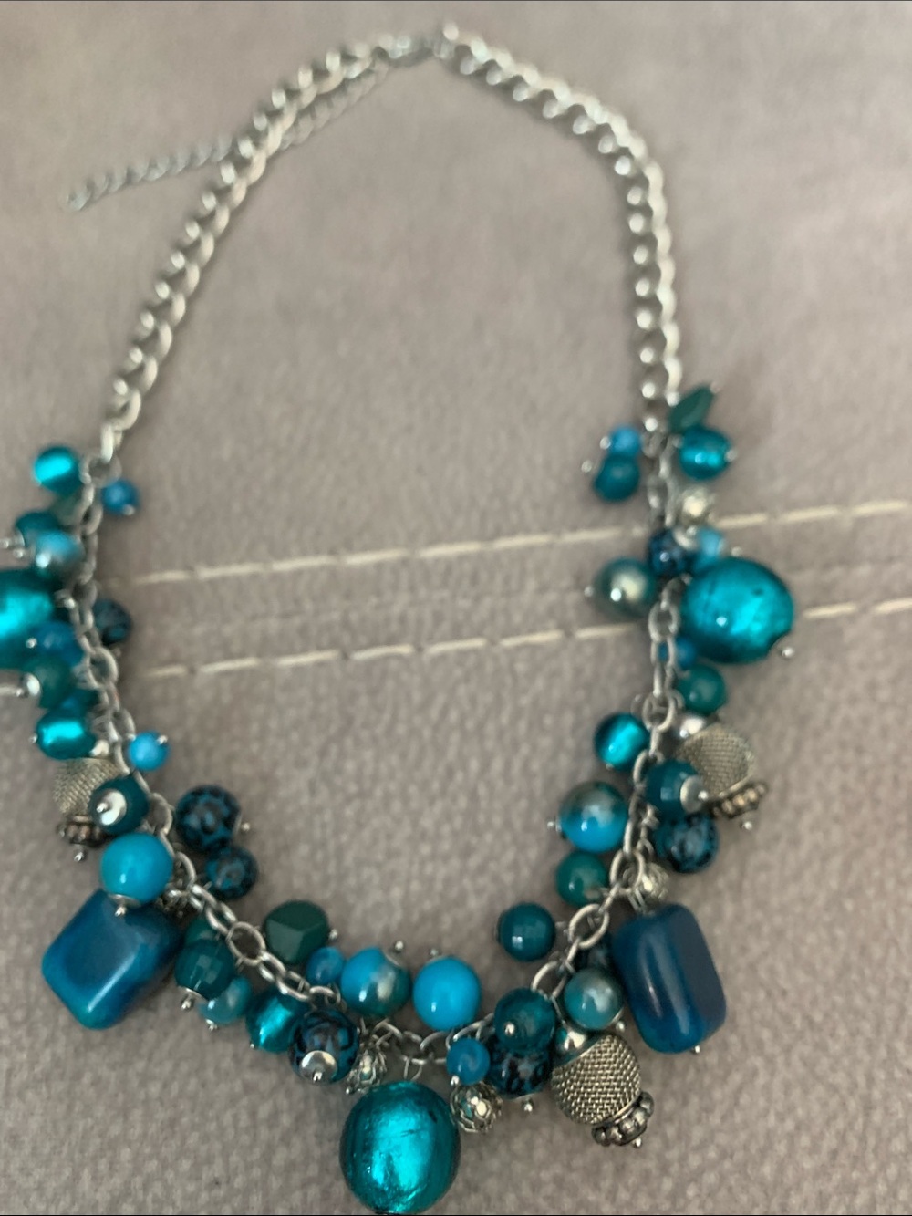Turquoise Cluster Bead Necklace with Silver Chain - Women Jewelry
